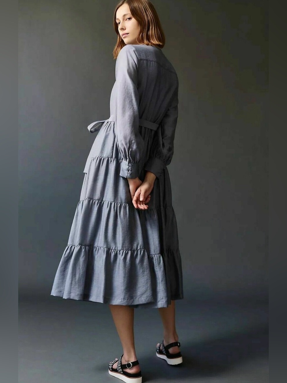 Anthropologie Slate Blue Tiered Midi/Maxi Dress with Pintuck Bodice size M - Picture 2 of 8